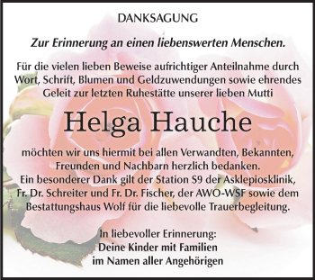 Traueranzeige von Helga Hauche von Mitteldeutsche Zeitung Weißenfels