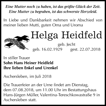 Traueranzeige von Helga Heidfeld von Mitteldeutsche Zeitung Aschersleben