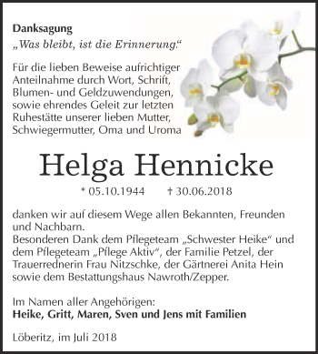 Traueranzeige von Helga Hennicke von WVG - Wochenspiegel Bitterfeld