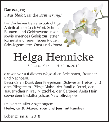Traueranzeige von Helga Hennicke von Mitteldeutsche Zeitung Bitterfeld