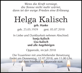 Traueranzeige von Helga Kalisch von Mitteldeutsche Zeitung Quedlinburg