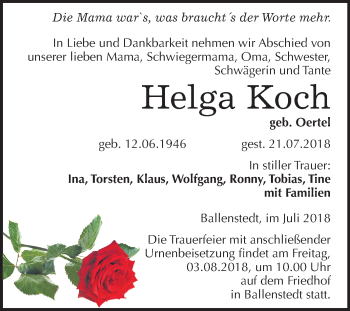 Traueranzeige von Helga Koch von Mitteldeutsche Zeitung Quedlinburg