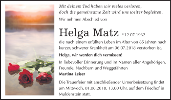 Traueranzeige von Helga Matz von Mitteldeutsche Zeitung Bitterfeld