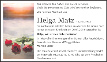 Traueranzeige von Helga Matz von WVG - Wochenspiegel Bitterfeld