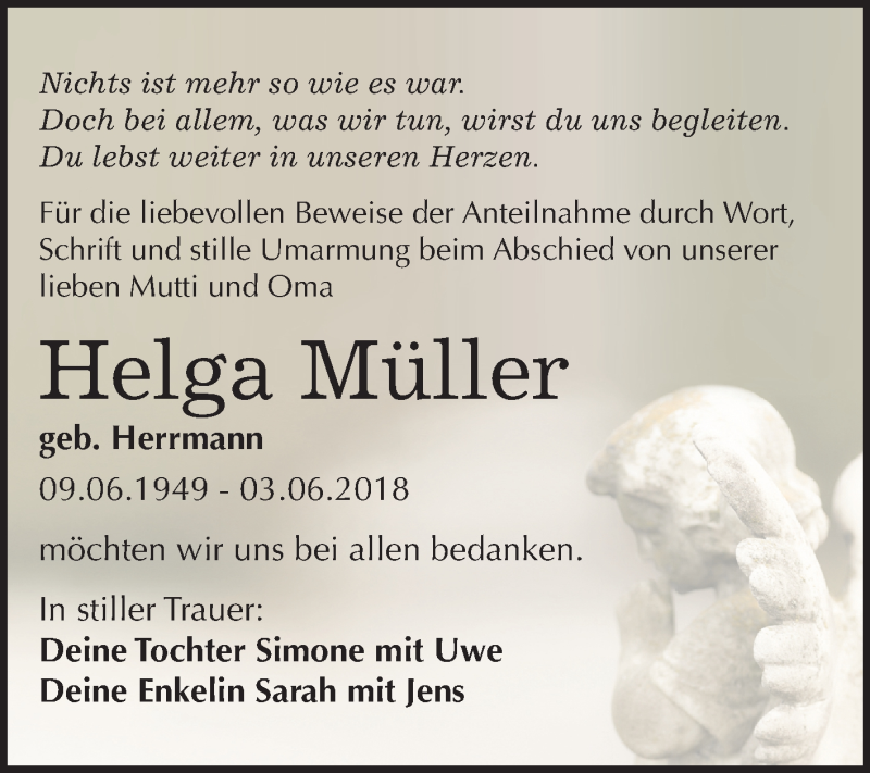  Traueranzeige für Helga Müller vom 07.07.2018 aus Mitteldeutsche Zeitung Bitterfeld