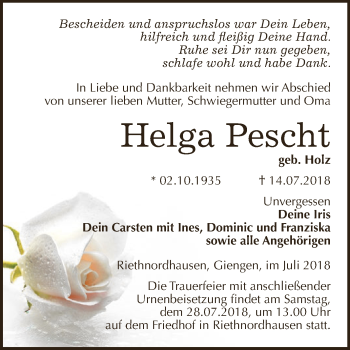 Traueranzeige von Helga Pescht von Super Sonntag SGH Mansf. Land