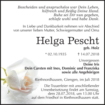 Traueranzeige von Helga Pescht von Mitteldeutsche Zeitung