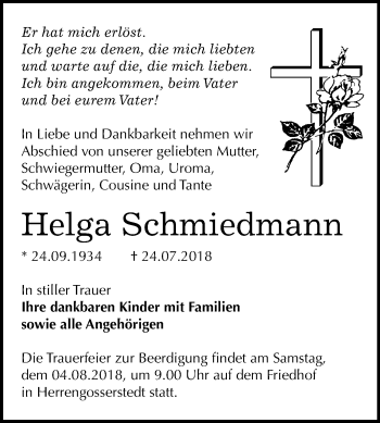 Traueranzeige von Helga Schmiedmann von Mitteldeutsche Zeitung