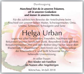 Traueranzeige von Helga Urban von Mitteldeutsche Zeitung Merseburg/Querfurt