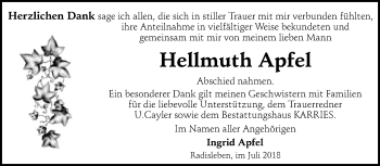 Traueranzeige von Hellmuth Apfel von Mitteldeutsche Zeitung Quedlinburg