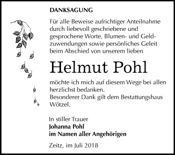 Traueranzeige von Helmout Pohl von Mitteldeutsche Zeitung Zeitz