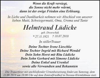 Traueranzeige von Helmtraud Lüdicke von Mitteldeutsche Zeitung Dessau-Roßlau