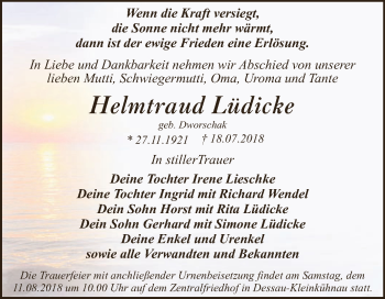 Traueranzeige von Helmtraud Lüdicke von WVG - Wochenspiegel Dessau / Köthen