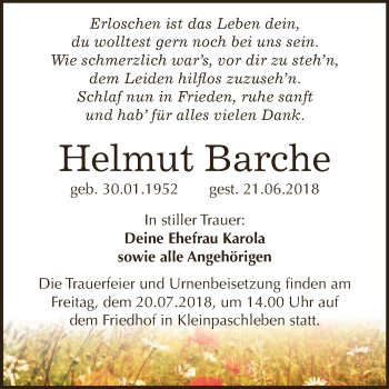 Traueranzeige von Helmut Barche von WVG - Wochenspiegel Dessau / Köthen