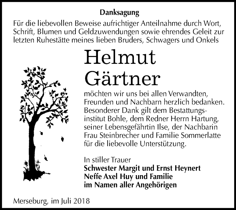 Traueranzeigen von Helmut Gärtner www.abschiednehmen.de