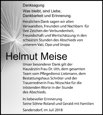 Traueranzeige von Helmut Meise von Mitteldeutsche Zeitung Bitterfeld