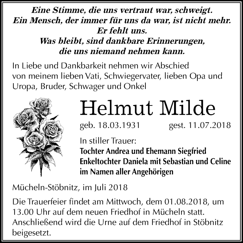  Traueranzeige für Helmut Milde vom 21.07.2018 aus Mitteldeutsche Zeitung Merseburg/Querfurt