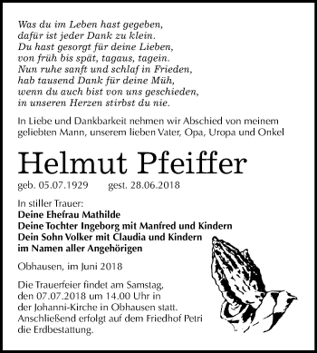 Traueranzeige von Helmut Pfeiffer von Mitteldeutsche Zeitung Merseburg/Querfurt