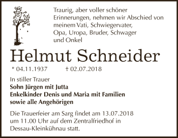 Traueranzeige von Helmut Schneider von WVG - Wochenspiegel Dessau / Köthen