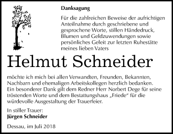 Traueranzeige von Helmut Schneider von Mitteldeutsche Zeitung Dessau-Roßlau