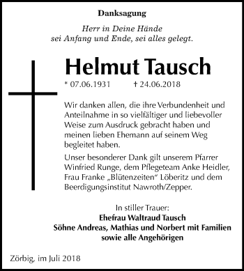 Traueranzeige von Helmut Tausch von Mitteldeutsche Zeitung Bitterfeld