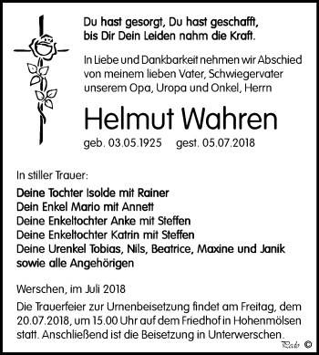 Traueranzeige von Helmut Wahren von Mitteldeutsche Zeitung Weißenfels