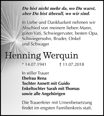 Traueranzeige von Henning Werquin von Mitteldeutsche Zeitung Bitterfeld