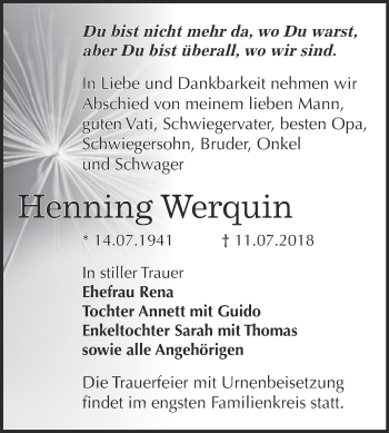 Traueranzeige von Henning Werquin von WVG - Wochenspiegel Bitterfeld