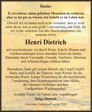 Traueranzeige von Henri Dietrich von Super Sonntag Aschersleben