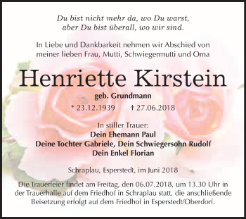 Traueranzeige von Henriette Kirstein von WVG - Wochenspiegel Merseburg