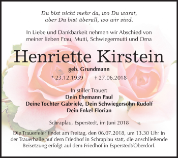 Traueranzeige von Henriette Kirstein von Mitteldeutsche Zeitung Merseburg/Querfurt
