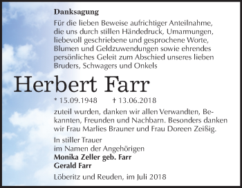 Traueranzeige von Herbert Farr von Mitteldeutsche Zeitung Bitterfeld
