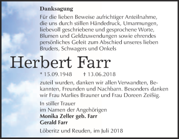 Traueranzeige von Herbert Farr von WVG - Wochenspiegel Bitterfeld