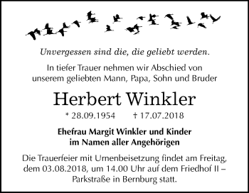Traueranzeige von Herbert Winkler von Mitteldeutsche Zeitung Halle/Saalkreis