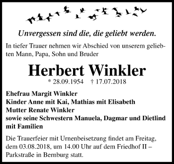 Traueranzeige von Herbert Winkler von Mitteldeutsche Zeitung Bernburg