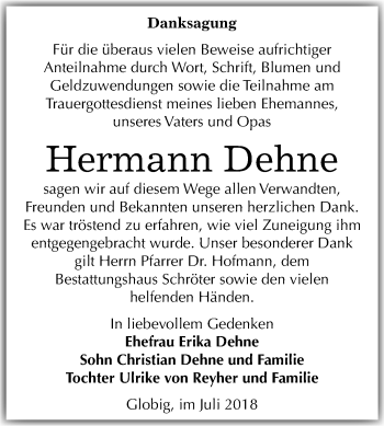 Traueranzeige von Hermann Dehne von Mitteldeutsche Zeitung