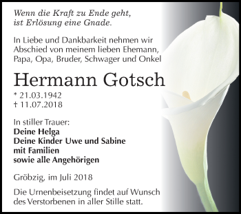 Traueranzeige von Hermann Gotsch von Mitteldeutsche Zeitung