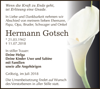 Traueranzeige von Hermann Gotsch von WVG - Wochenspiegel Dessau / Köthen