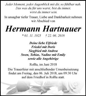 Traueranzeige von Hermann Hartnauer von Mitteldeutsche Zeitung Sangerhausen