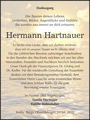 Traueranzeige von Hermann Hartnauer von Mitteldeutsche Zeitung Sangerhausen