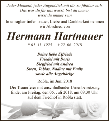 Traueranzeige von Hermann Hartnauer von WVG - Wochenspiegel SGH