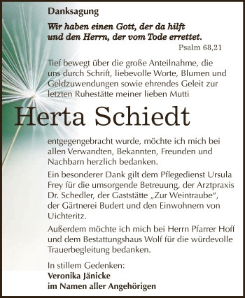 Traueranzeige von Herta Schiedt von WVG - Wochenspiegel NMB / WSF / ZTZ