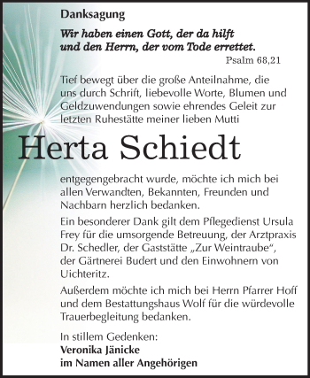 Traueranzeige von Herta Schiedt von Mitteldeutsche Zeitung Weißenfels