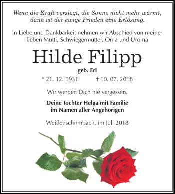 Traueranzeige von Hilde Filipp von Mitteldeutsche Zeitung Merseburg/Querfurt