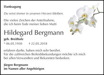 Traueranzeige von Hildegard Bergmann von Mitteldeutsche Zeitung Halle/Saalkreis