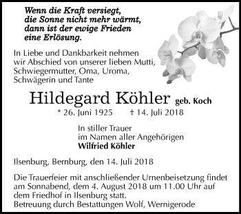Traueranzeige von Hildegard Köhler von Mitteldeutsche Zeitung Bernburg