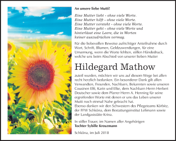 Traueranzeige von Hildegard Mathow von Mitteldeutsche Zeitung