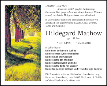 Traueranzeige von Hildegard Mathow von Mitteldeutsche Zeitung Bitterfeld