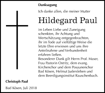 Traueranzeige von Hildegard Paul von Mitteldeutsche Zeitung