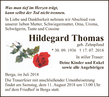Traueranzeige von Hildegard Thomas von Super Sonntag SGH Mansf. Land